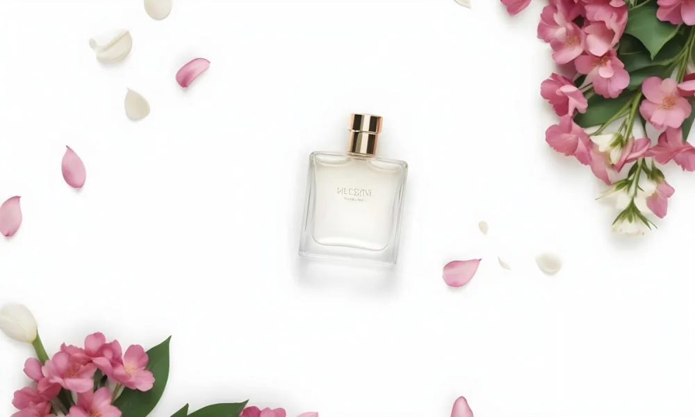 A Perfume Bottle Surrounded By White Flower Petals On A White Background Top Down View Soft Lighting Minimalist Composition Elegant Fresh Clean Beauty Product Floral Arrangement 73 4ed8