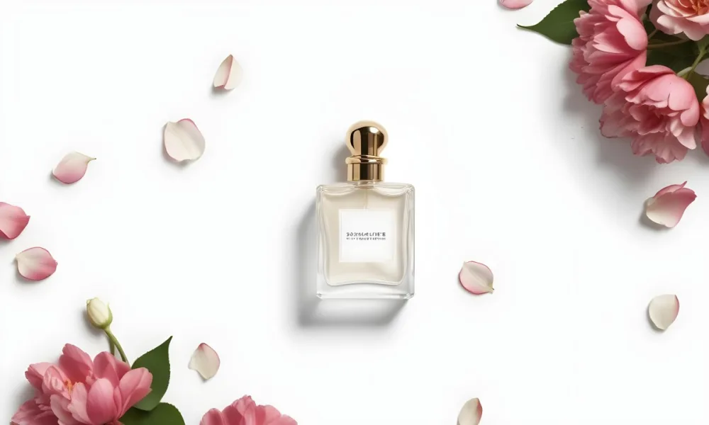 A Perfume Bottle Surrounded By White Flower Petals On A White Background Top Down View Soft Lighting Minimalist Composition Elegant Fresh Clean Beauty Product Floral Arrangement 75 2631