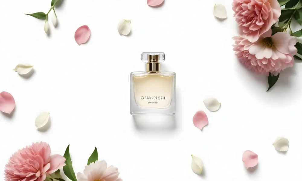 A Perfume Bottle Surrounded By White Flower Petals On A White Background Top Down View Soft Lighting Minimalist Composition Elegant Fresh Clean Beauty Product Floral Arrangement 76 9bcf