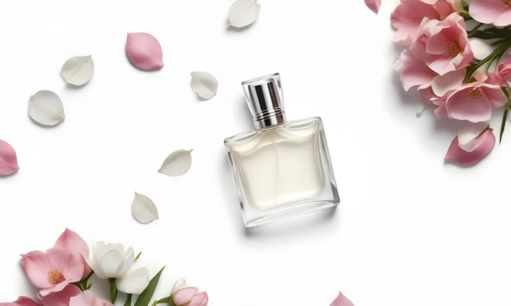 A Perfume Bottle Surrounded By White Flower Petals On A White Background Top Down View Soft Lighting Minimalist Composition Elegant Fresh Clean Beauty Product Floral Arrangement 77 B81c