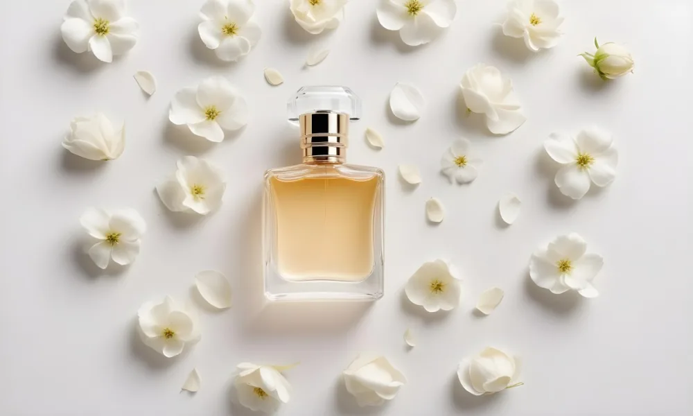 A Perfume Bottle Surrounded By White Flower Petals On A White Background Top Down View Soft Lighting Minimalist Composition Elegant Fresh Clean Beauty Product Floral Arrangement 8 Bd13