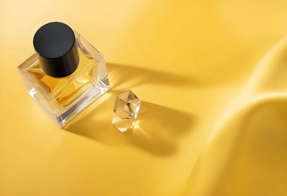A Perfume Bottle With A Black Cap And A Small Crystal Cube On A Yellow Fabric Background 8 F58a