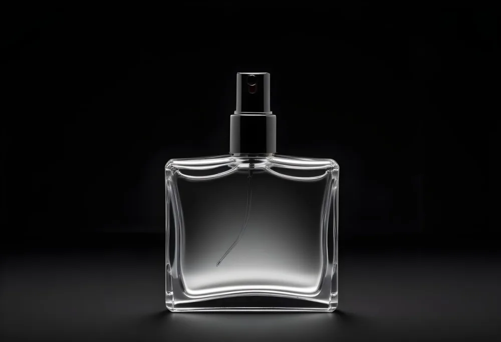 A Perfume Bottle With A Black Spray Nozzle On A Plain Black Background The Bottle Is Clear And Partially Filled With Liquid 7 Ee06