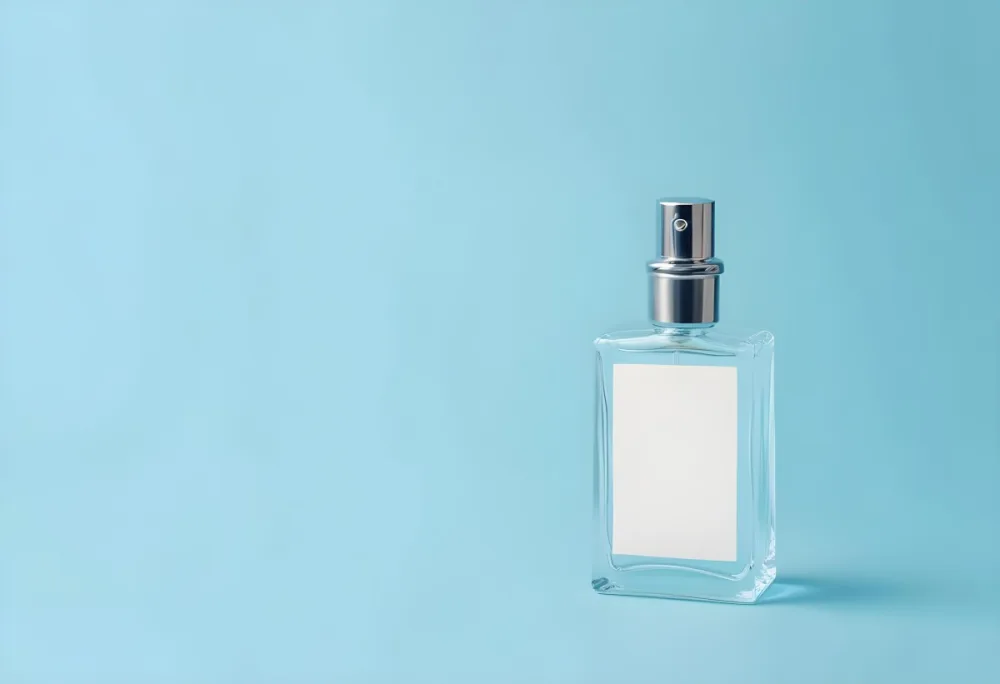 A Perfume Bottle With A Blue Cap And A Blue Label On A Light Blue Background 11 771d