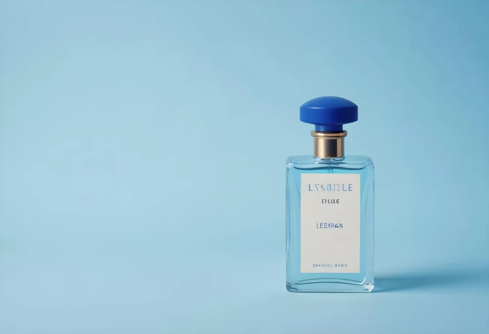 A Perfume Bottle With A Blue Cap And A Blue Label On A Light Blue Background 12 B612