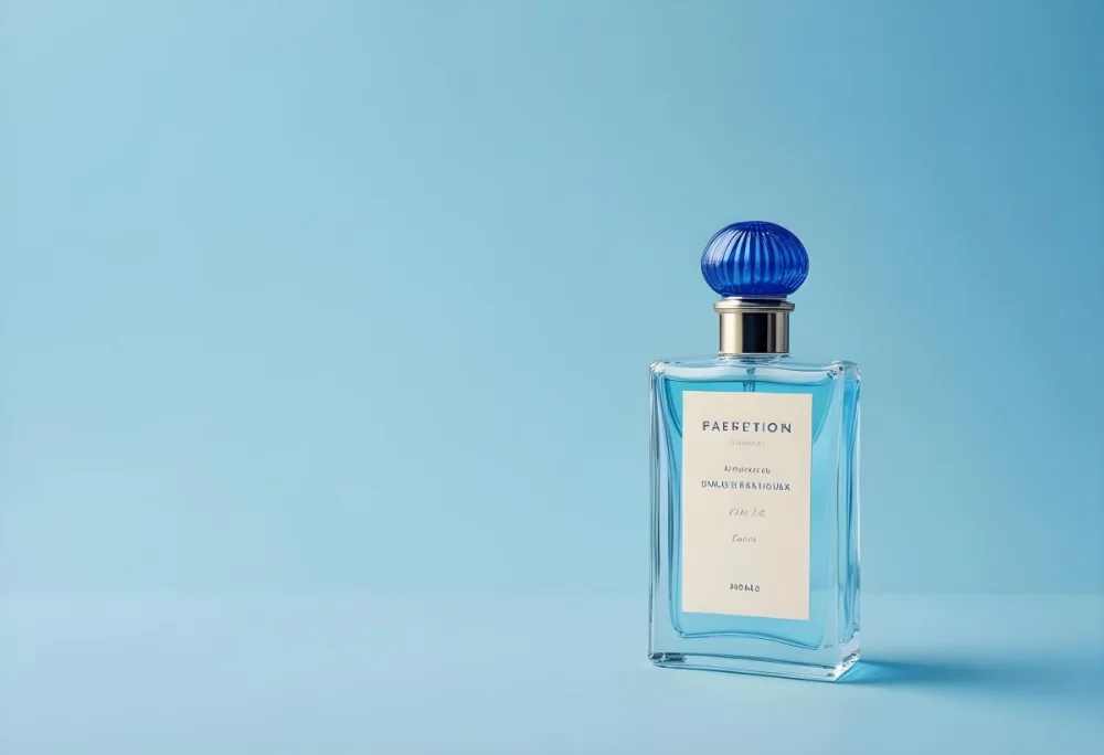 A Perfume Bottle With A Blue Cap And A Blue Label On A Light Blue Background 27 72f6