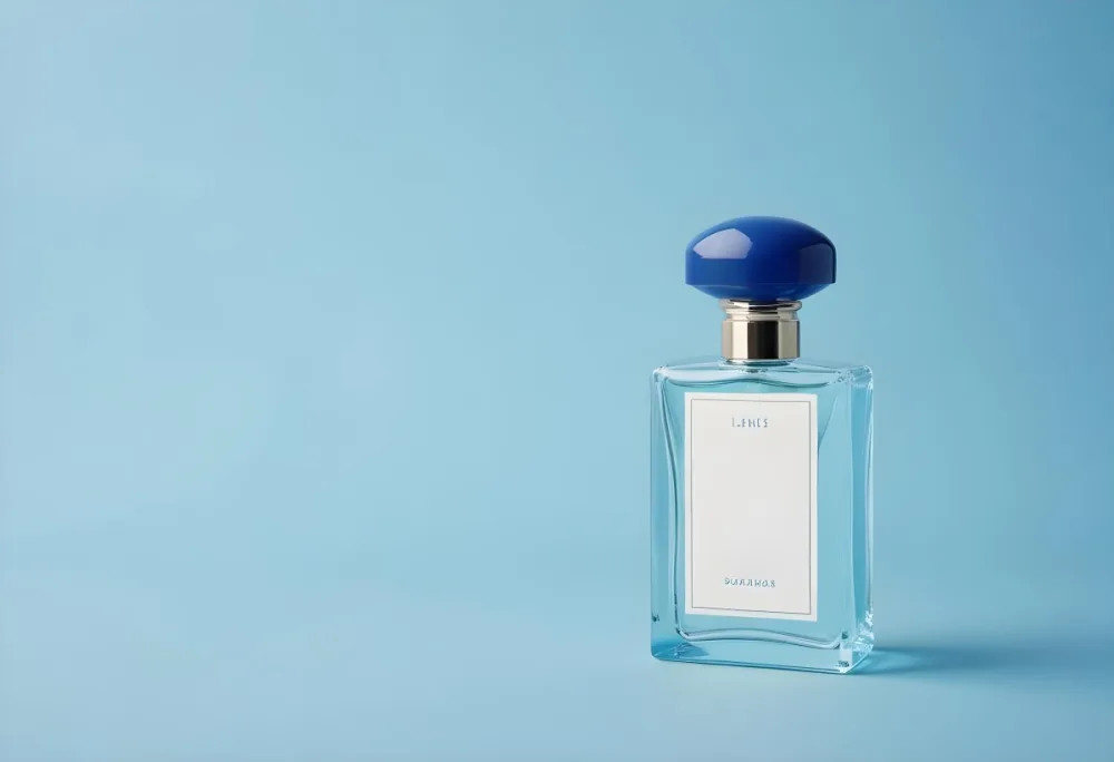 A Perfume Bottle With A Blue Cap And A Blue Label On A Light Blue Background 33 Ea6b
