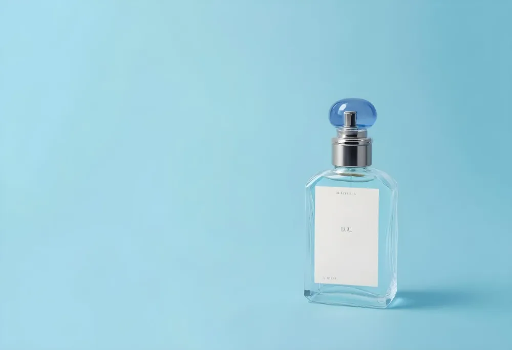 A Perfume Bottle With A Blue Cap And A Blue Label On A Light Blue Background 8 45dc