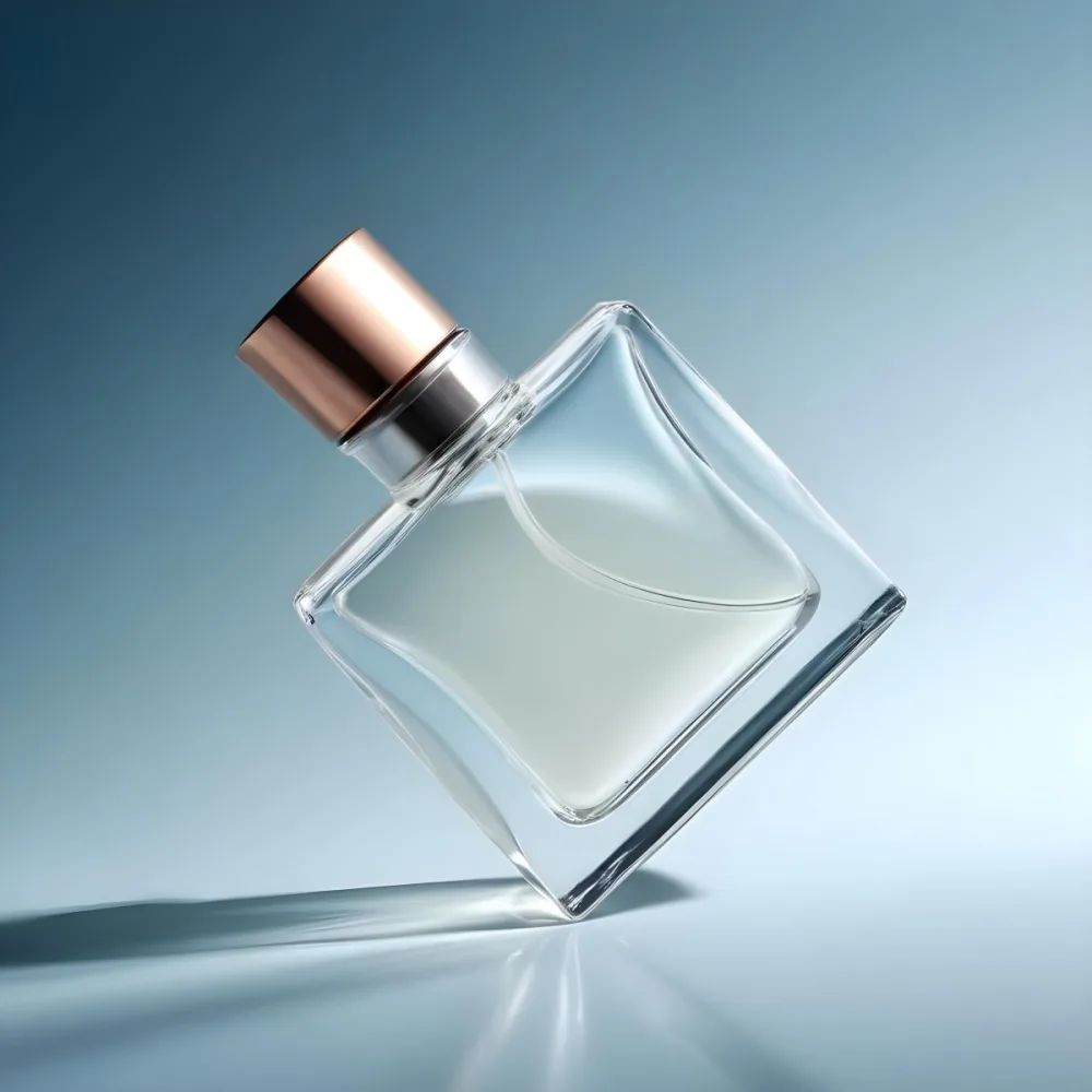 A Perfume Bottle With A Copper Cap Tilted On A Blue Gradient Background Casting A Soft Shadow Product Photography Elegant Minimalist Design Clear Glass Liquid Inside 12 37a9