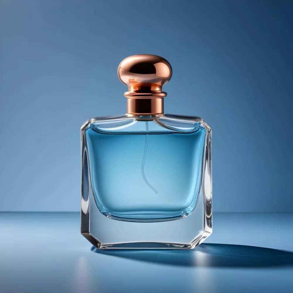 A Perfume Bottle With A Copper Cap Tilted On A Blue Gradient Background Casting A Soft Shadow Product Photography Elegant Minimalist Design Clear Glass Liquid Inside 15 8c07