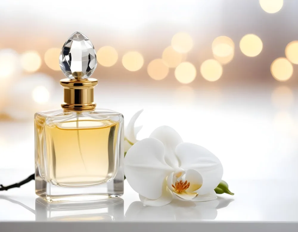 A Perfume Bottle With A Crystal Cap And A White Orchid Flower On A White Surface With A Blurred Background Of Lights 26 Ceaa