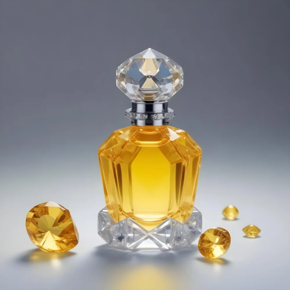 A Perfume Bottle With A Diamond Shaped Cap Filled With Yellow Liquid Surrounded By Small Yellow Gems On A Yellow Background 22 836f