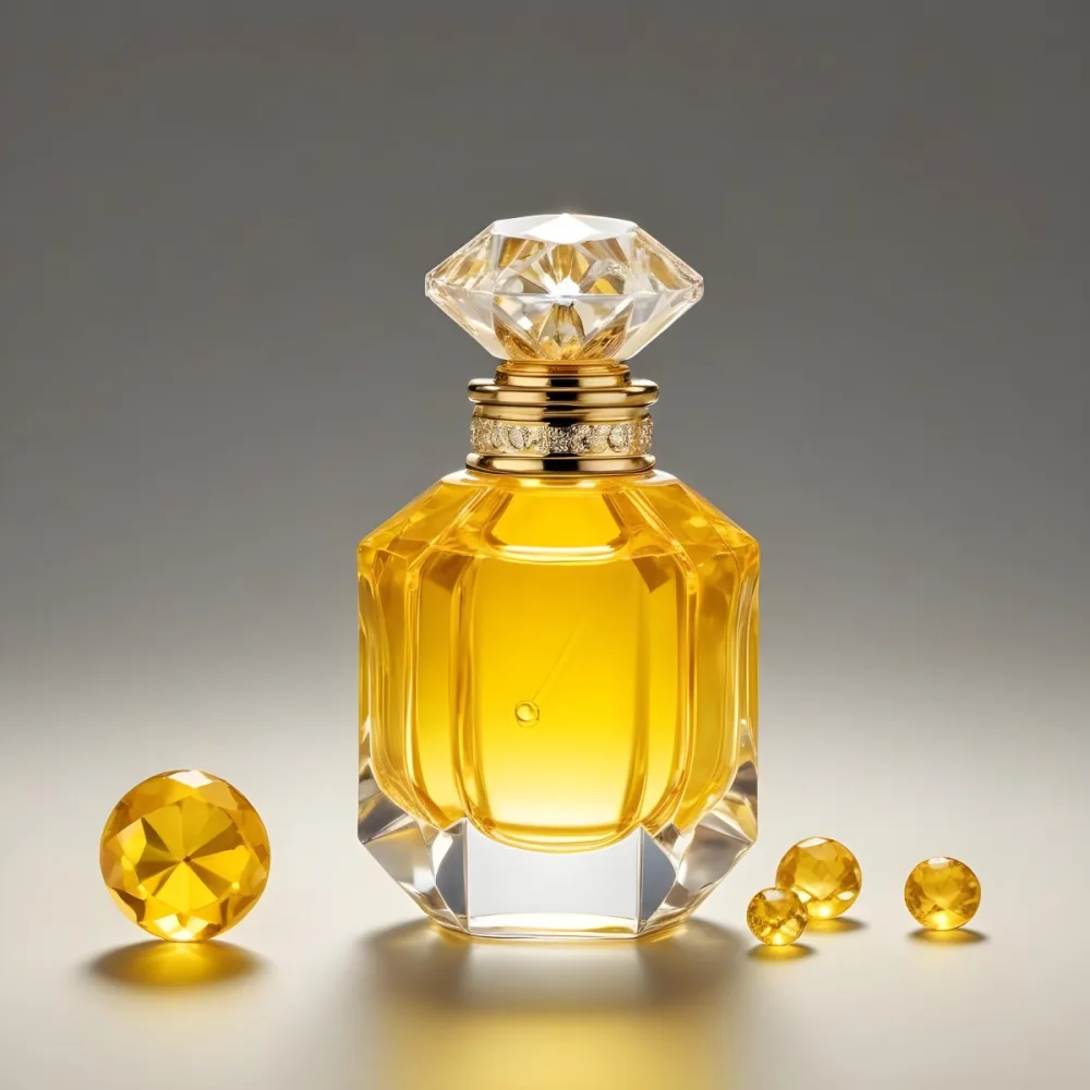 A Perfume Bottle With A Diamond Shaped Cap Filled With Yellow Liquid Surrounded By Small Yellow Gems On A Yellow Background 4 1308