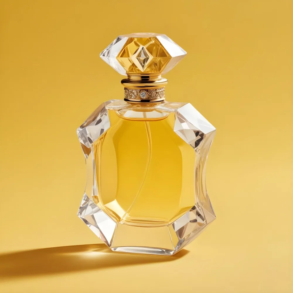 A Perfume Bottle With A Diamond Shaped Cap Next To It On A Yellow Background 1 E815
