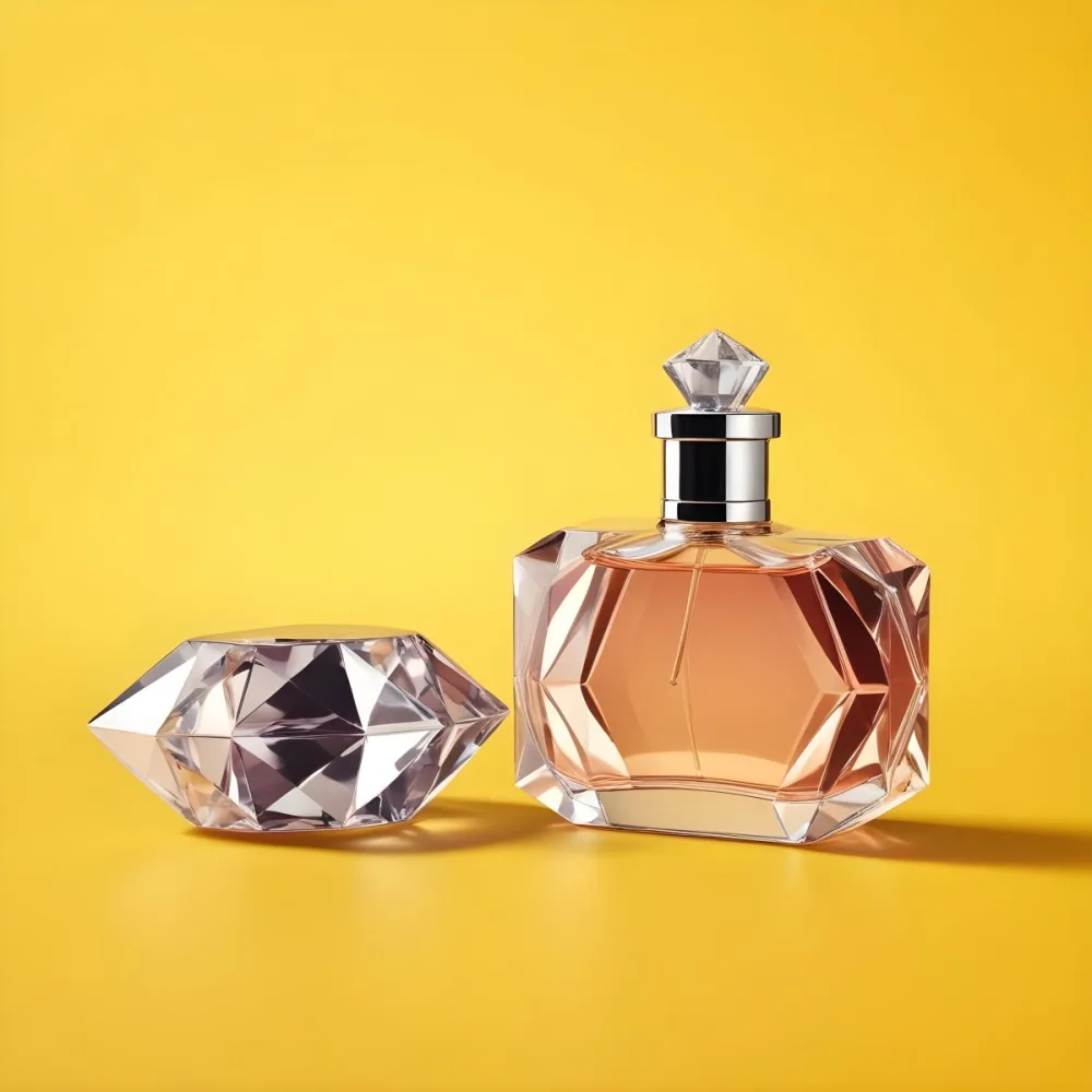A Perfume Bottle With A Diamond Shaped Cap Next To It On A Yellow Background 15 Be99