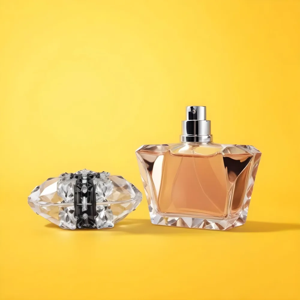A Perfume Bottle With A Diamond Shaped Cap Next To It On A Yellow Background 17 8605