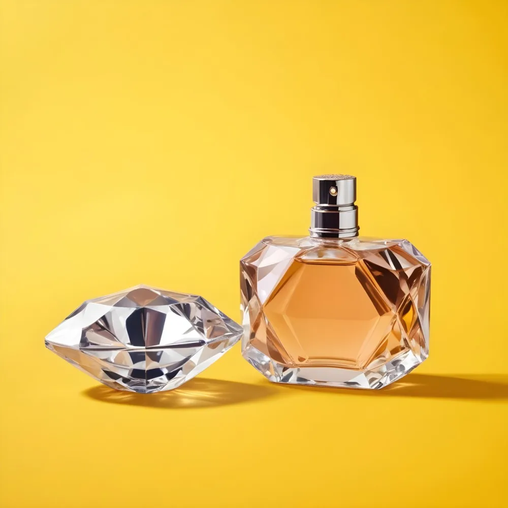 A Perfume Bottle With A Diamond Shaped Cap Next To It On A Yellow Background 21 4a35