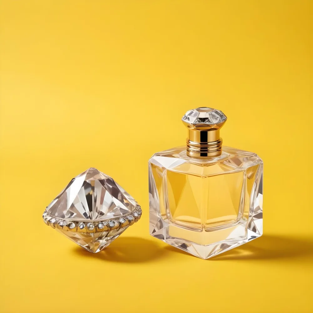 A Perfume Bottle With A Diamond Shaped Cap Next To It On A Yellow Background 3 Ae0f
