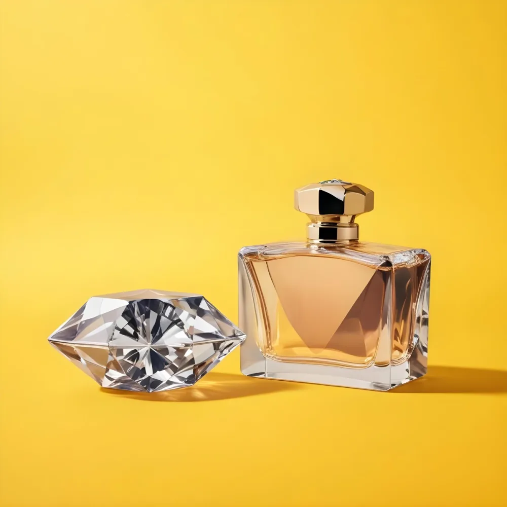 A Perfume Bottle With A Diamond Shaped Cap Next To It On A Yellow Background 34 6778