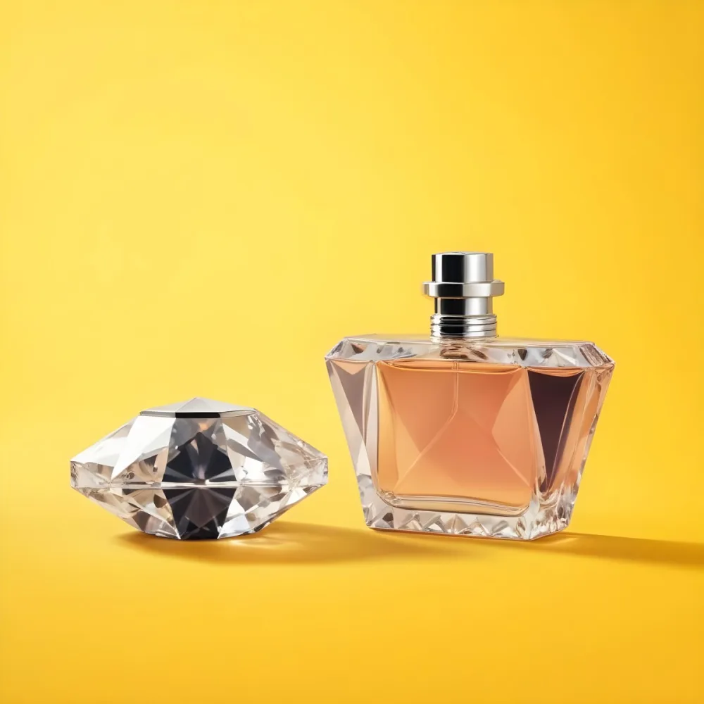 A Perfume Bottle With A Diamond Shaped Cap Next To It On A Yellow Background 38 Aa87