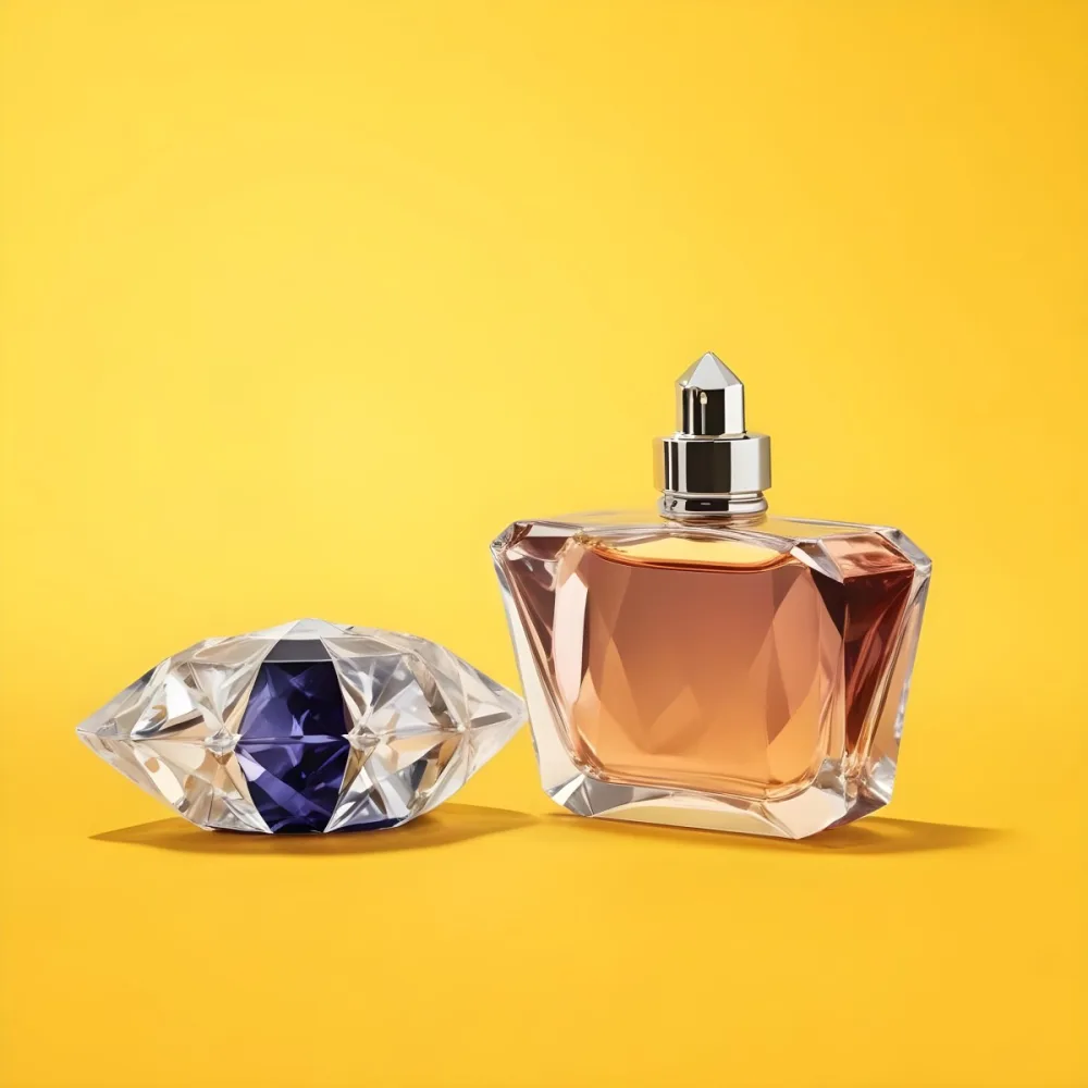 A Perfume Bottle With A Diamond Shaped Cap Next To It On A Yellow Background 41 1d1a