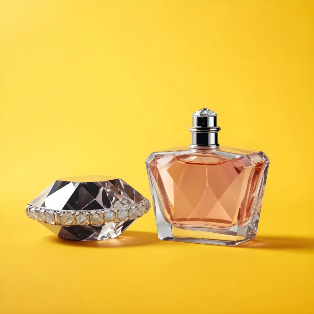 A Perfume Bottle With A Diamond Shaped Cap Next To It On A Yellow Background 42 7adb