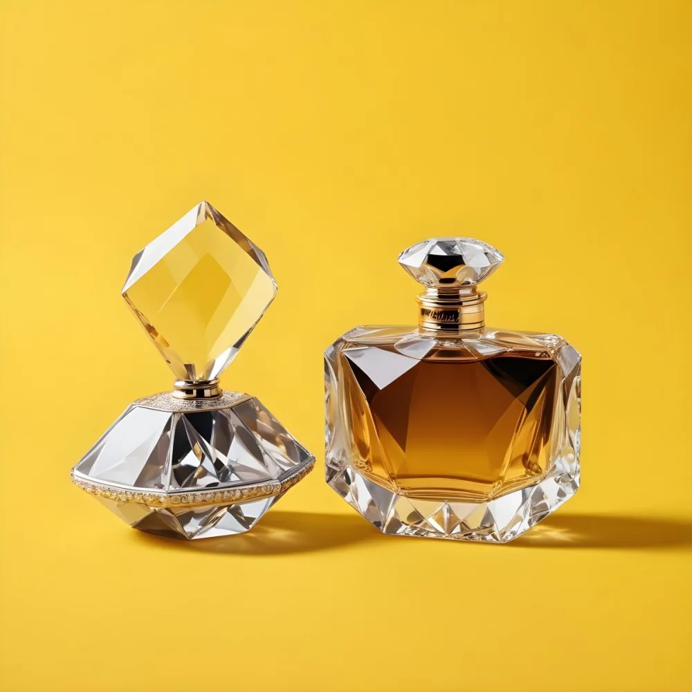 A Perfume Bottle With A Diamond Shaped Cap Next To It On A Yellow Background 5 2cc5