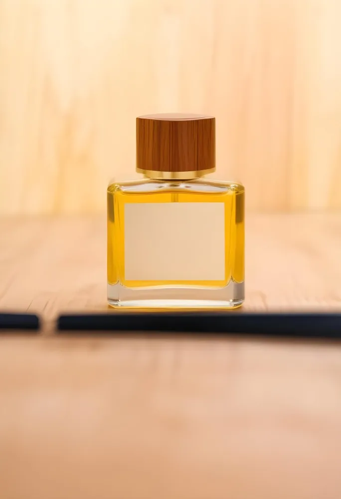 A Perfume Bottle With A Golden Cap And A Blank Label The Bottle Is Filled With A Yellow Liquid Wooden Background 14 4dfd