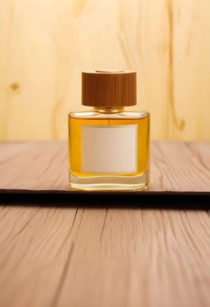 A Perfume Bottle With A Golden Cap And A Blank Label The Bottle Is Filled With A Yellow Liquid Wooden Background 15 0bf5