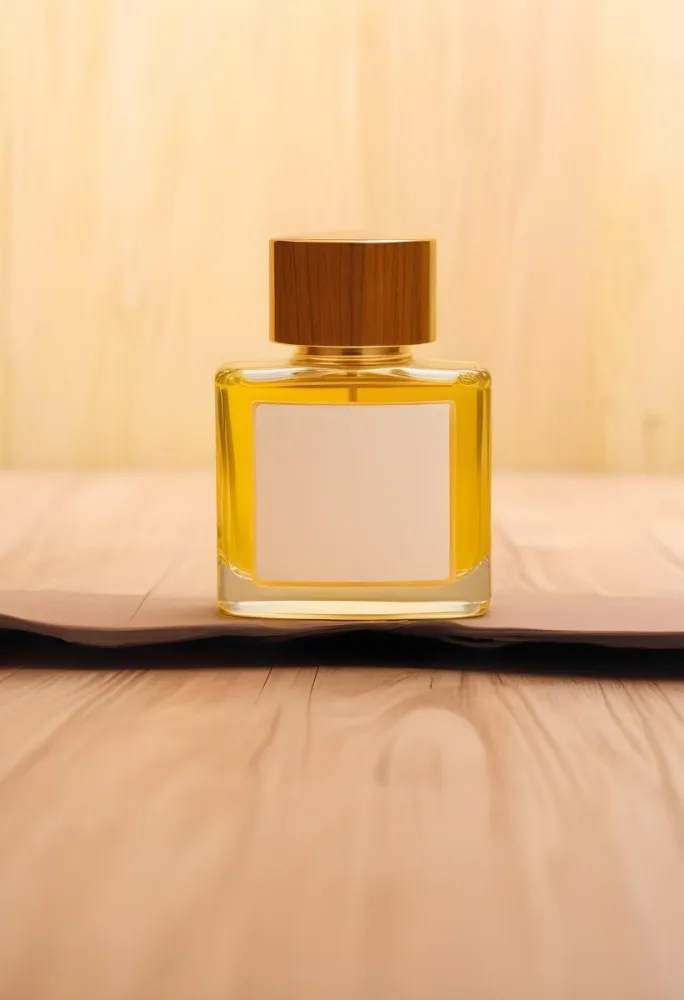 A Perfume Bottle With A Golden Cap And A Blank Label The Bottle Is Filled With A Yellow Liquid Wooden Background 17 2492