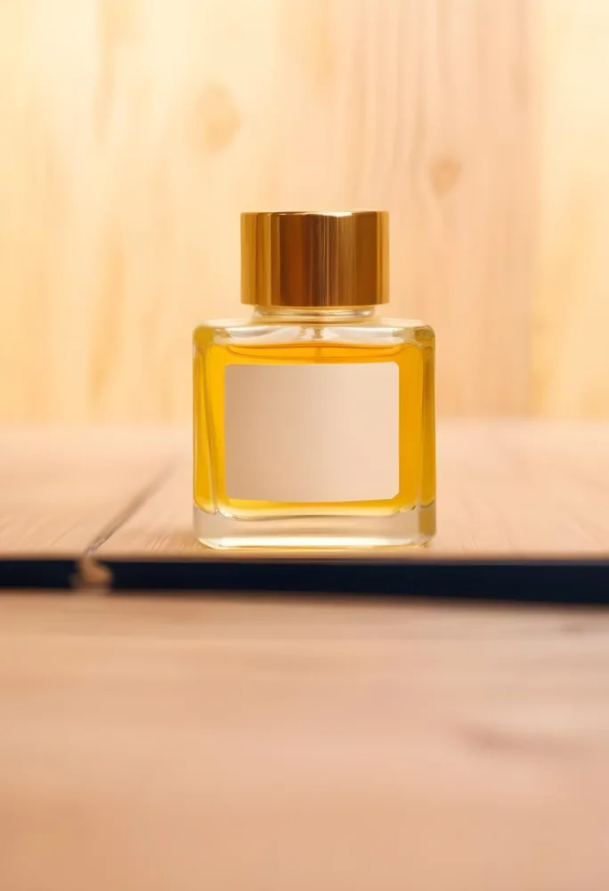 A Perfume Bottle With A Golden Cap And A Blank Label The Bottle Is Filled With A Yellow Liquid Wooden Background 21 B66a