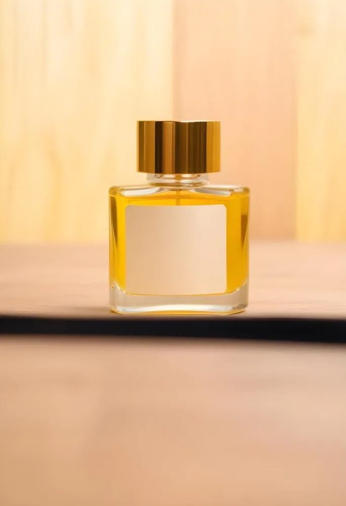 A Perfume Bottle With A Golden Cap And A Blank Label The Bottle Is Filled With A Yellow Liquid Wooden Background 23 1c36