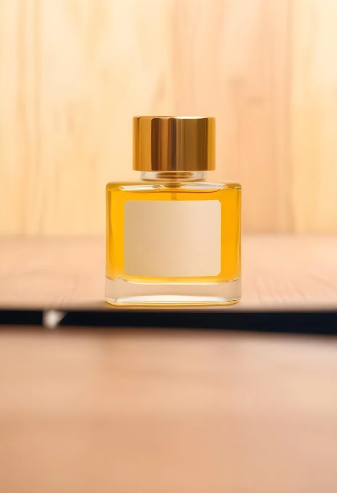 A Perfume Bottle With A Golden Cap And A Blank Label The Bottle Is Filled With A Yellow Liquid Wooden Background 25 Aea0