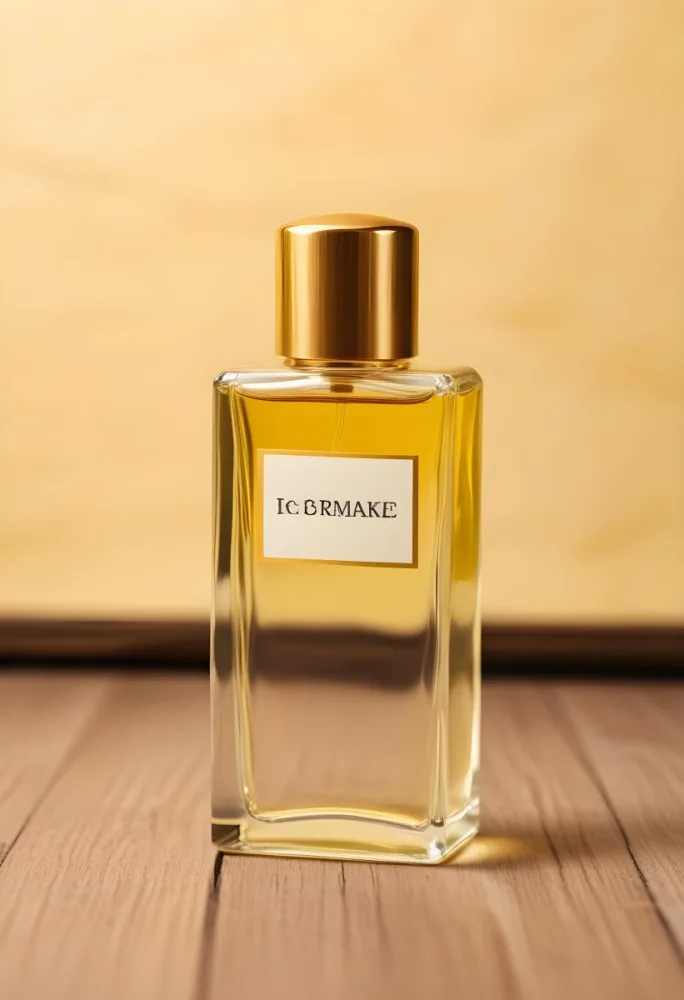 A Perfume Bottle With A Golden Cap And A Blank Label The Bottle Is Filled With A Yellow Liquid Wooden Background 27 0383