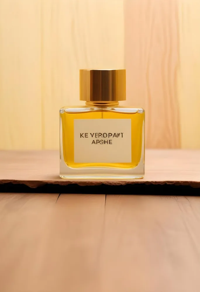 A Perfume Bottle With A Golden Cap And A Blank Label The Bottle Is Filled With A Yellow Liquid Wooden Background 29 Ddd7