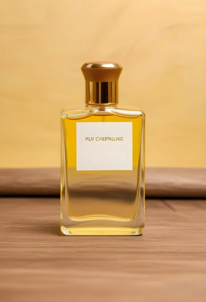A Perfume Bottle With A Golden Cap And A Blank Label The Bottle Is Filled With A Yellow Liquid Wooden Background 30 791d