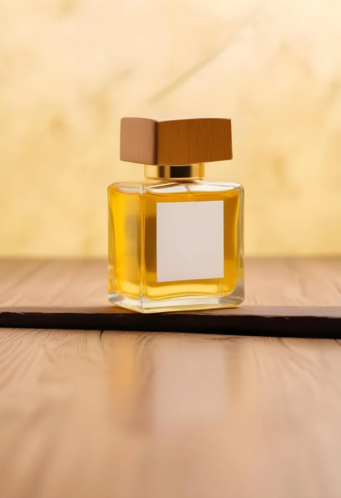 A Perfume Bottle With A Golden Cap And A Blank Label The Bottle Is Filled With A Yellow Liquid Wooden Background 32 E6e5