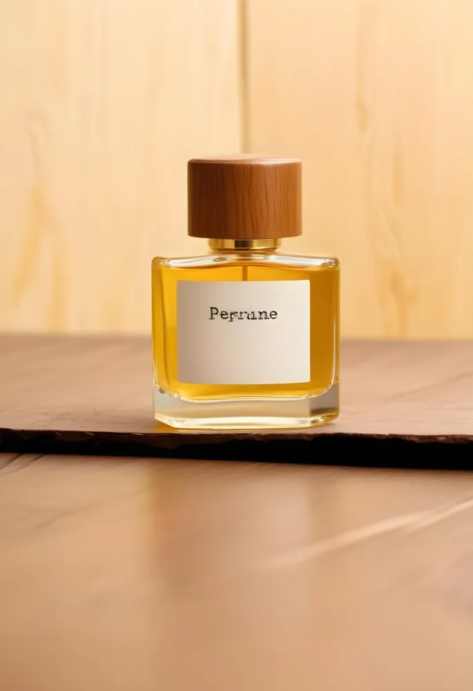 A Perfume Bottle With A Golden Cap And A Blank Label The Bottle Is Filled With A Yellow Liquid Wooden Background 38 6e48