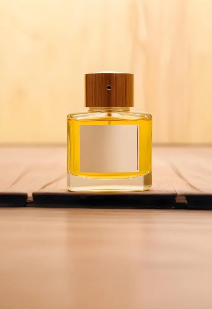 A Perfume Bottle With A Golden Cap And A Blank Label The Bottle Is Filled With A Yellow Liquid Wooden Background 39 Aa4f