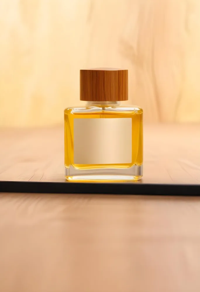 A Perfume Bottle With A Golden Cap And A Blank Label The Bottle Is Filled With A Yellow Liquid Wooden Background 4 D016