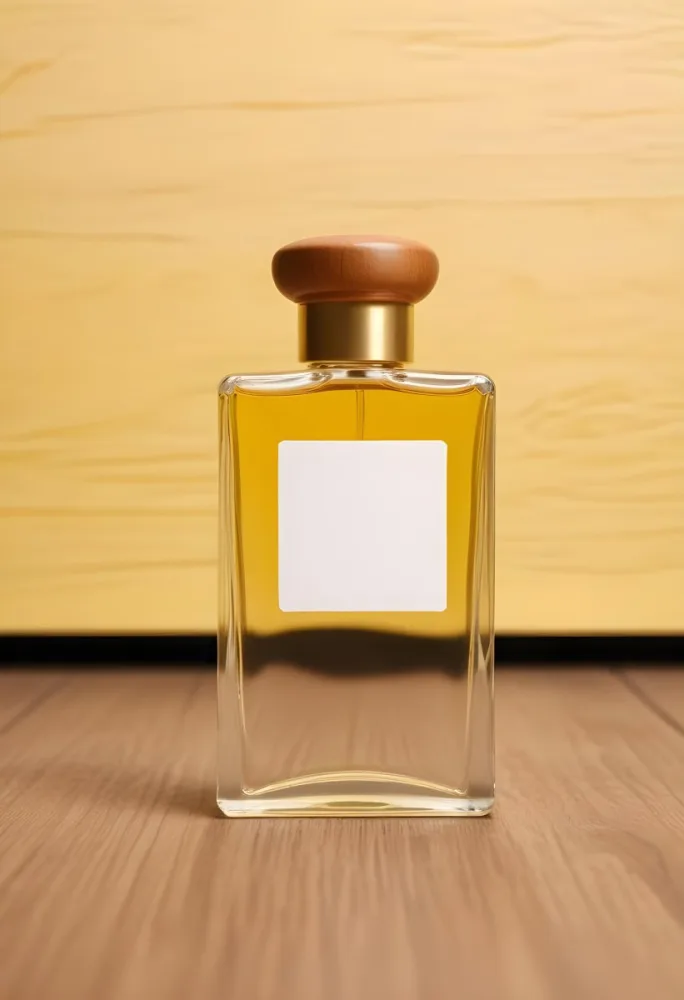 A Perfume Bottle With A Golden Cap And A Blank Label The Bottle Is Filled With A Yellow Liquid Wooden Background 41 B865