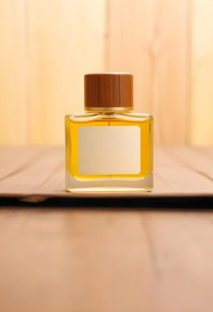 A Perfume Bottle With A Golden Cap And A Blank Label The Bottle Is Filled With A Yellow Liquid Wooden Background 42 8077