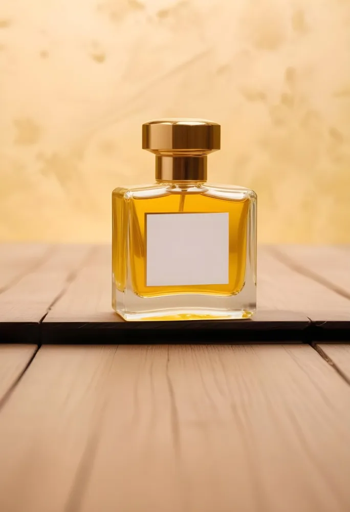 A Perfume Bottle With A Golden Cap And A Blank Label The Bottle Is Filled With A Yellow Liquid Wooden Background 5 1309