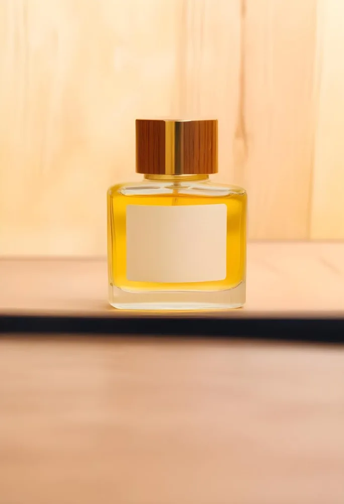 A Perfume Bottle With A Golden Cap And A Blank Label The Bottle Is Filled With A Yellow Liquid Wooden Background 9 9fb7