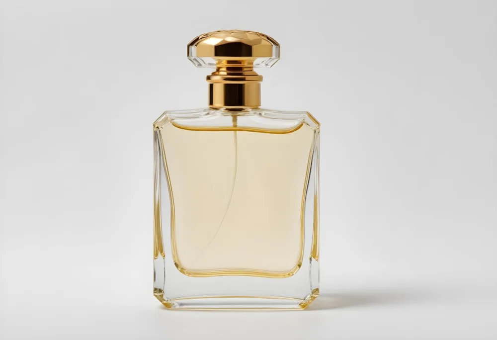 A Perfume Bottle With A Golden Cap And A Clear Glass Body Filled With A Clear Liquid On A White Background 11 E952