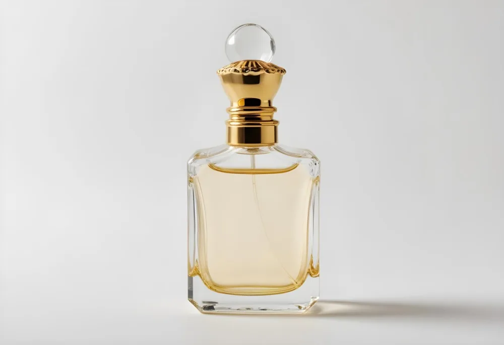 A Perfume Bottle With A Golden Cap And A Clear Glass Body Filled With A Clear Liquid On A White Background 17 179c