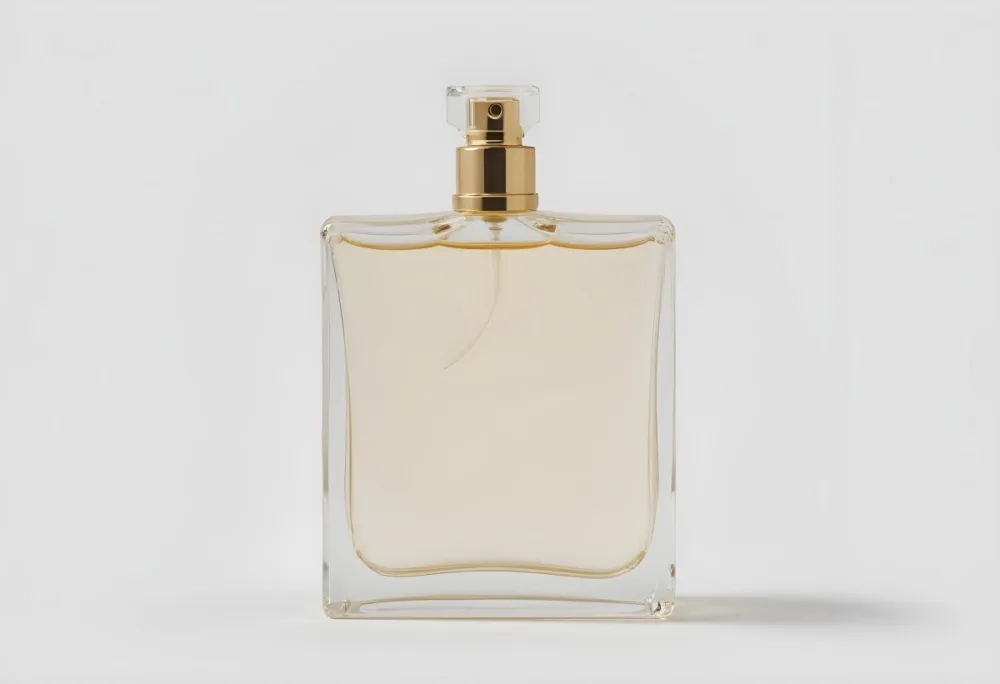 A Perfume Bottle With A Golden Cap And A Clear Glass Body Filled With A Clear Liquid On A White Background 30 7046