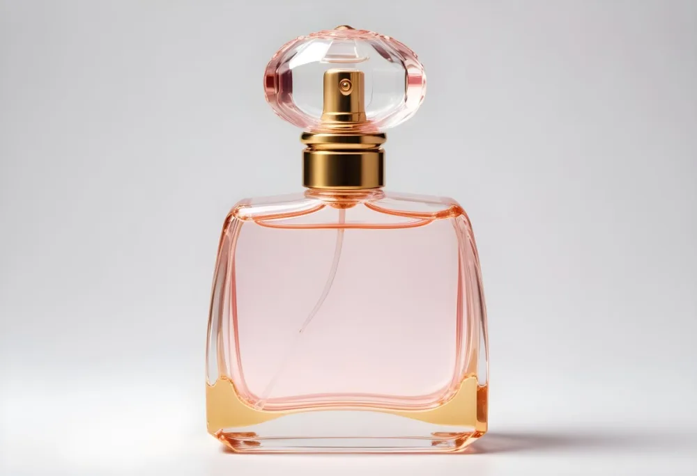 A Perfume Bottle With A Golden Cap And A Golden Spray Nozzle Clear Glass And A Light Pink Liquid Inside Isolated On A White Background 10 7945