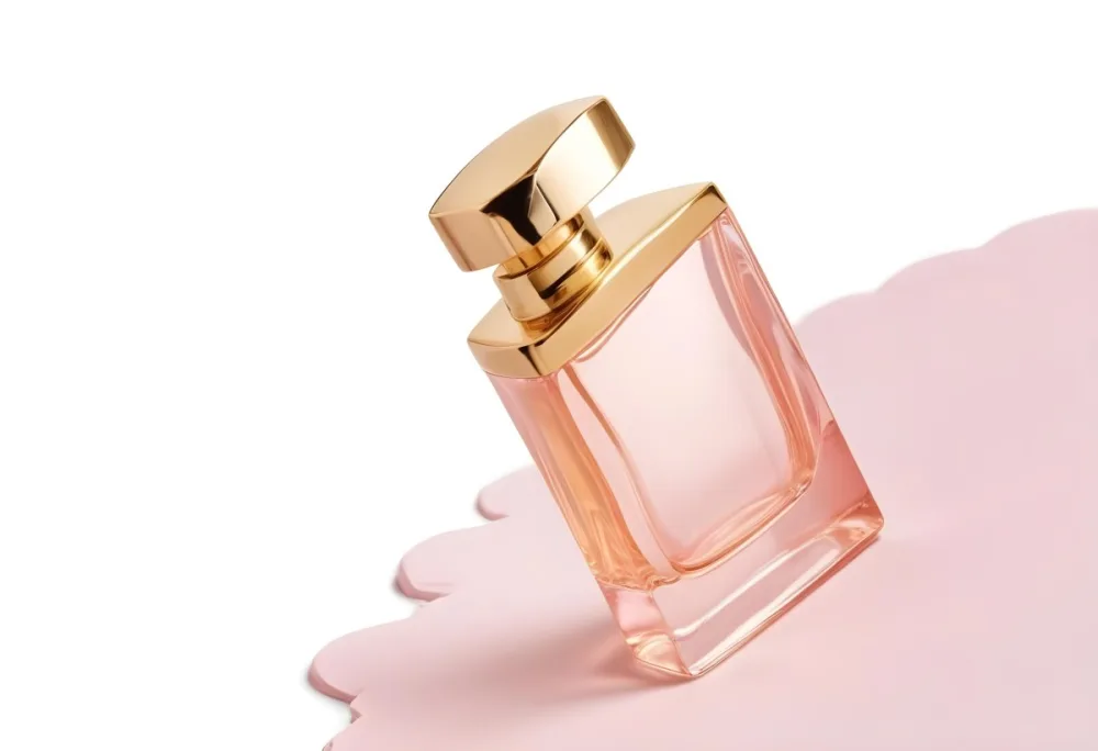 A Perfume Bottle With A Golden Cap And A Golden Spray Nozzle Clear Glass And A Light Pink Liquid Inside Isolated On A White Background 33 4b04