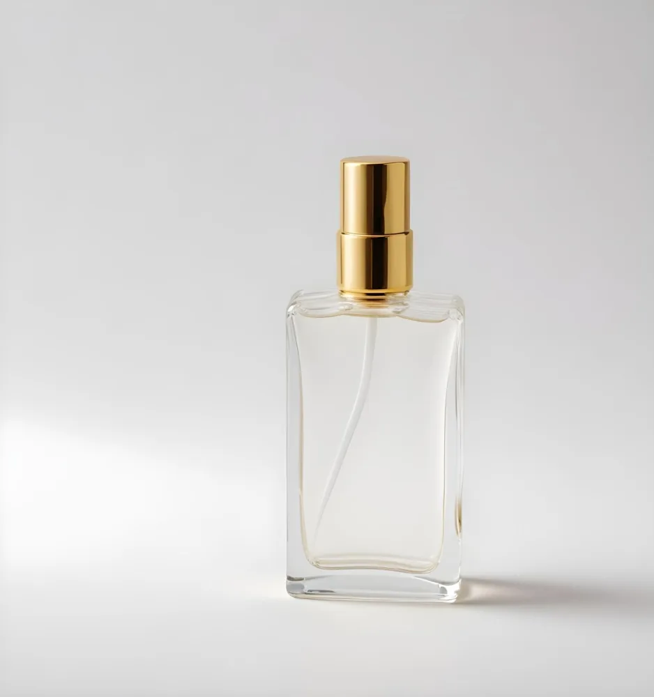 A Perfume Bottle With A Golden Cap And A White Sprayer On A White Background 12 D42f